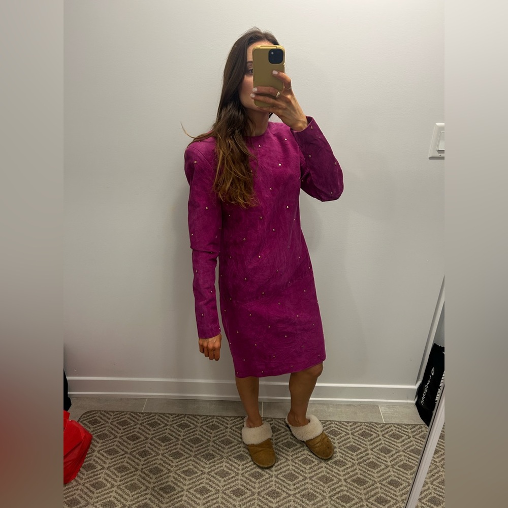 Vintage Daniel Leather Long Sleeve Fuchsia Suede Shift Dress with Stud Detail - Picture 12 of 13